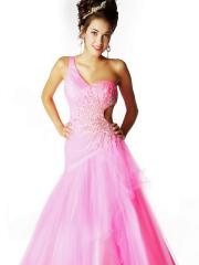 One-Shoulder Floor Length A-Line Pink Tulle and Satin Beaded Bust Wedding Party Dress