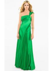 One-Shoulder Floor Length Empire Green Silky Satin Bridesmaid Gown of Pleated Skirt
