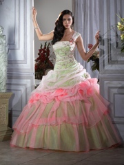 One-Shoulder Floor Length Gorgeous Green and Pink Organza Quinceanera Dress on Sale