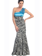 One-Shoulder Floor Length Sheath Style Blue Satin Bodice and Animal Printed Skirt