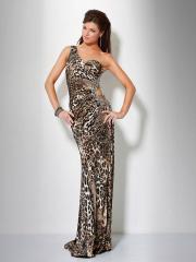 One Shoulder Full Length Animal Print Evening Dress with Open Side Detail
