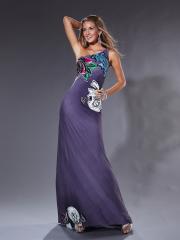 One-Shoulder Grape Floor Length Printed Sheath Style Diamantes Embellished Evening Gown