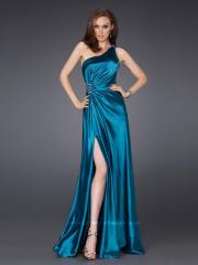 One-Shoulder Ice Blue Floor Length Satin Prom Gown of Slit Skirt and Brooch Waist Side