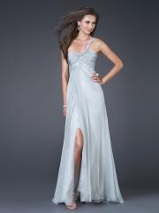 One-Shoulder Light Sky Blue Sheath Style Chiffon Evening Dress of Slit Skirt and Sequined Strap