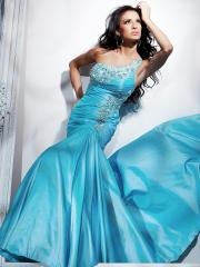 One-Shoulder Mermaid Floor Length Ice Blue Silky Satin Rhinestone Embellished Celebrity Dress