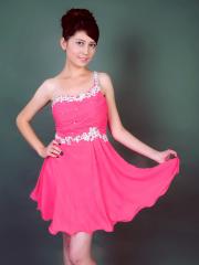 One-Shoulder Pink Stain Homecoming Dress with Embroidered