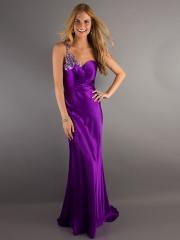 One-Shoulder Purple Silky Satin Floor Length Sheath Style Evening Gown of Sequined Strap