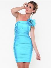 One Shoulder Rouched Feather Broach Dress With Feather Broach