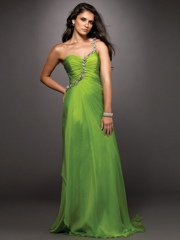One-Shoulder Sage Elastic Satin and Chiffon Evening Dress of Beaded Accent at Front