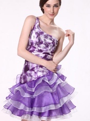One-Shoulder Short Knee-Length Purple Taffeta and Organza Homecoming Dress of Appliques