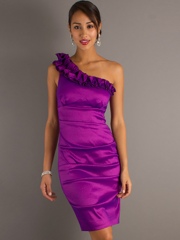 One-Shoulder Short Length Cocktail Party Gown of Ruffles at Top and Shoulder Strap Back