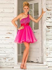One-Shoulder Short Length Fuchsia Organza Underlay Sequined Bodice Sash Homecoming Gown