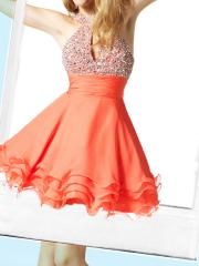 Orange Chiffon A-line Style High Neckline Beaded Bodice Keyhole Detail Prom Dresses