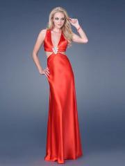 Orange Red Satin Halter V-Neck Neckline Sleeveless Floor-Length Prom Dress