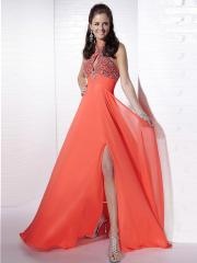 Orange Red Soft Chiffon Halter Beaded Embellishment A-line Prom Dresses
