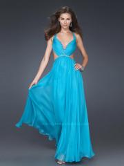 Ostentatious Halter Neck Blue Silky Chiffon Floor Length Draped Prom Gown 2012