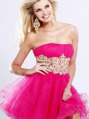 Pink Baby Doll Strapless Tulle Sequined Applique Dress with Empire Waistline