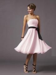 Pink Knee Length Strapless Pleated Bodice Sash Ornament A-line Wedding Guest Dresses