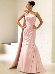 Pink Sheath Satin Elaborate Dress with Detachable Rosette at Side Shoulder