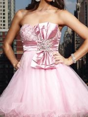 Pink Tulle A-line Style Strapless Sweetheart Ruched Band Bow Embellishment Prom Dresses