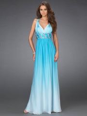 Plunging V-Neck Empire Ombre Ice Blue Chiffon Floor Length Banded Prom Gown