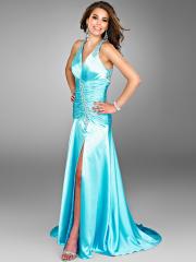 Plunging V-Neck Floor Length Ice Blue Shimmering Satin Evening Gown of Sequined Accents