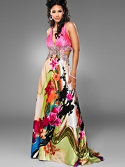 Plunging V-Neck Floor Length Multi-Color Printed Satin Celebrity Gown of Beadwork Front