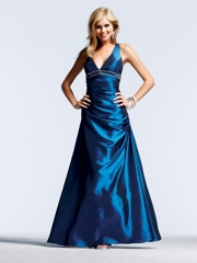 Plunging V-Neck Floor Length Royal Blue Elastic Satin Celebrity Dress of Beadwork