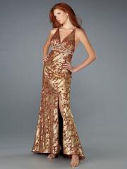 Plunging V-Neck Gold Printed Ankle-Length Satin Evening Gown of Slit Skirt and Sequined Bust