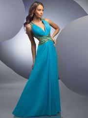 Plunging V-Neck Ice Blue Chiffon Sheath Style Evening Gown of Sequined Straps Front
