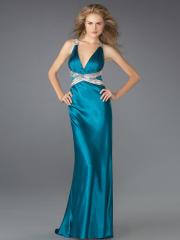 Plunging V-Neck Ice Blue Silky Satin Evening Gown of Sequined Work Front and Back