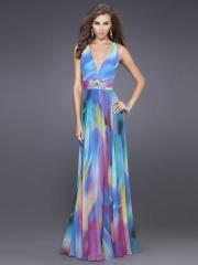 Plunging V-Neck Printed Multi-Color Evening Gown of Rhinestones at Empire Waist