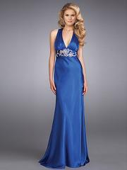 Plunging V-Neck Royal Blue Silky Satin Empire Style Evening Gown of Sequined Accent