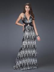 Plunging V-Neck Sheath Style Floor Length Black Printed and Satin Crisscross Back Celebrity Gown