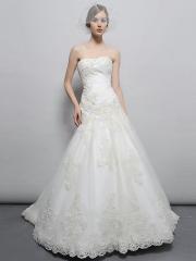 Princess Feeling Strapless Fully Lined Lace-up Dropped Waistline Wedding Dress with Sequins and Beadings