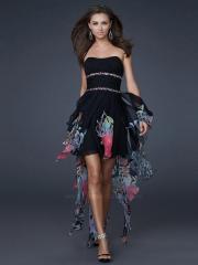 Print Chiffon Jeweled Waist Strapless Neckline Sleeveless High-Low Celebrity Dress