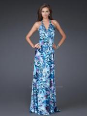 Print Halter Top Beaded Accented Full Length Multi Print Fabric Evening Dresses