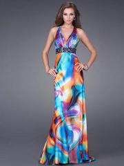 Print Multi-Color Sheath Halter V-Neck Neckline Sleeveless Floor-Length Celebrity Dress