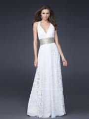 Print White Chiffon Halter V-Neck Neckline Sleeveless Beaded Waist Floor-Length Prom Dress