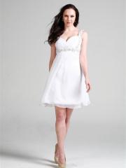 Pure White Knee-length V-neck Homecoming Dress with Rhinestone
