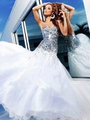 Pure White Organza Satin Strapless Sweetheart Sequined Bodice Full Length Celebrity Dresses