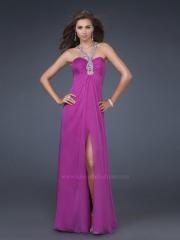 Purple Chiffon Beaded Halter Neckline Keyhole Empire Side Slit A-line Prom Dresses