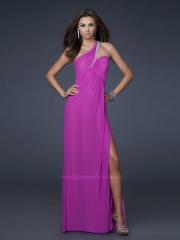 Purple Chiffon Beaded One-Shoulder Asymmetrical Neckline Sleeveless Floor-Length Evening Dress