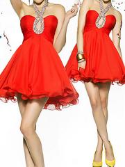 Red A-line Style Beaded Halter Neckline Empire Waist Flowing Prom Dresses