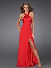Red Chiffon Crisscross Straps High Neckline Empire Waist Side Slit Evening Dresses