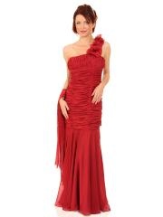 Red Chiffon One-shoulder Flower Neckline Ruhced Bodice Full Length Sheath Celebrity Dresses