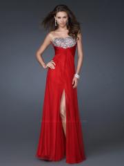 Red Chiffon Sequined Strapless Neckline Sleeveless Floor-Length Slit Evening Dress