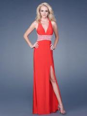 Red Elastic Chiffon Sheath Halter V-Neck Neckline Sleeveless Beaded Waistline Floor-Length Evening Dress