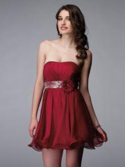 Red Organza A-line Silhouette Strapless Empire Floral Ornament Mini Skirt Prom Dresses