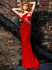 Red Satin Asymmetrical Jeweled One-Shoulder Neckline Sleeveless Floor-Length Evening Dress